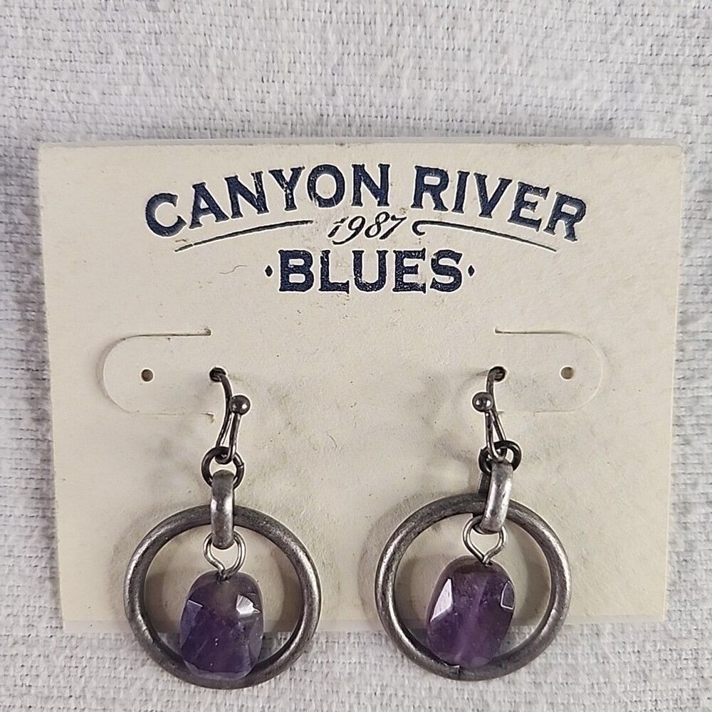 Earrings Amethyst Oval in Hoop Dangle Jewelry Canyon River Blues 1987 Hook VNTG